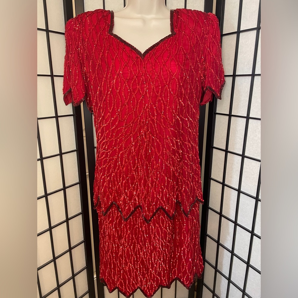 Vintage 1990’s Laurence Kazar Silk Dress Size L Red Sequin Shoulder Pad Beaded